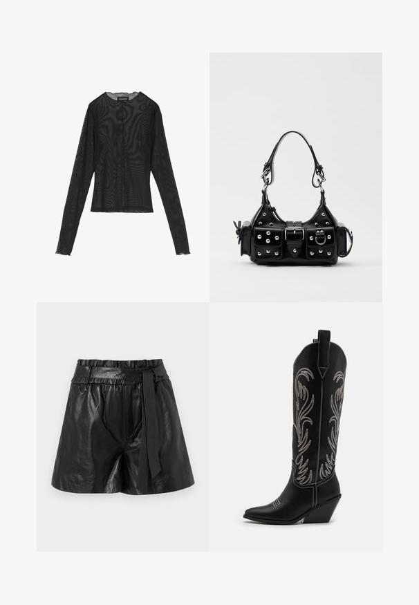 Svart långärmad topp gjord av genomskinligt tyg, med rund halsringning, knappstängning framtill och scallopade kanter vid ärmarna.; Svarta läderbyxor med ett brett, elastiskt midjeband, tygskärp och en slät, glänsande yta. Har en lös passform och minimal detaljering.; Svarta lädercowboystövlar med spetsiga tår, kilklackar och silverbroderade blommönster längs skaftet. Kontraststickning genom hela stöveln.; Svart läderhandväska med en kurvad design, prydd med silverfärgade nitar, ett spänne och två sidofickor. Justerbar rem för olika bäralternativ.