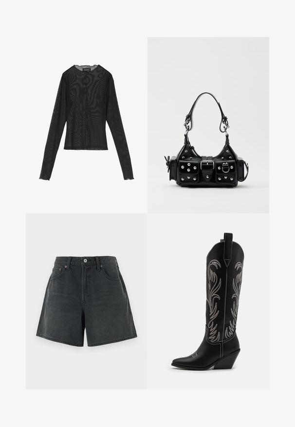 Top negro de manga larga hecho de tejido translúcido, con escote redondo, cierre de botones en el frente y bordes con forma de concha en los puños.; Pantalones cortos de mezclilla en gris oscuro, con una cintura alta, diseño clásico de cinco bolsillos y un corte recto y limpio con una textura ligeramente desvanecida.; Botas de cowboy de cuero negro con puntas afiladas, tacones cuña y patrones florales bordados en plata a lo largo del caña. Costuras en contraste por toda la bota.; Bolso de mano de cuero negro con un diseño curvado, que cuenta con tachuelas plateadas, una hebilla y dos bolsillos laterales. Correa ajustable para opciones de transporte.