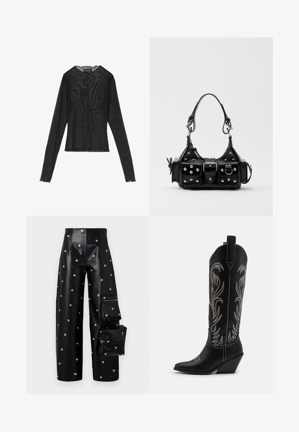 Black long-sleeve top made of sheer fabric, featuring a round neckline, front button closure, and scalloped edges at the cuffs.; A.W.A.K.E. MODE COVERED TROUSER WITH SNAP ON POCKETS - Trousers - black; Black leather cowboy boots with pointed toes, wedge heels, and silver embroidered floral patterns along the shaft. Contrast stitching throughout.; Black leather handbag with a curved design, featuring silver studs, a buckle, and two side pockets. Adjustable strap for carrying options.