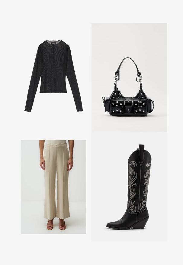 Zwarte lange mouw top gemaakt van doorzichtig materiaal, met een ronde halslijn, een knoopsluiting aan de voorkant en golvende randen bij de mouwen.; Beige wijde broek gemaakt van een geweven stof, met voorplooien en een hoge taille, gecombineerd met bruine sandaaltjes met bandjes.; Zwarte leren cowboylaarzen met spitse neuzen, wiggenhakken en zilver geborduurde bloemmotieven langs de schacht. Contrasterende stiksels overal.; Zwarte lederen handtas met een gebogen ontwerp, voorzien van zilveren studs, een gesp en twee zijvakken. Verstelbare schouderband voor verschillende draagmogelijkheden.