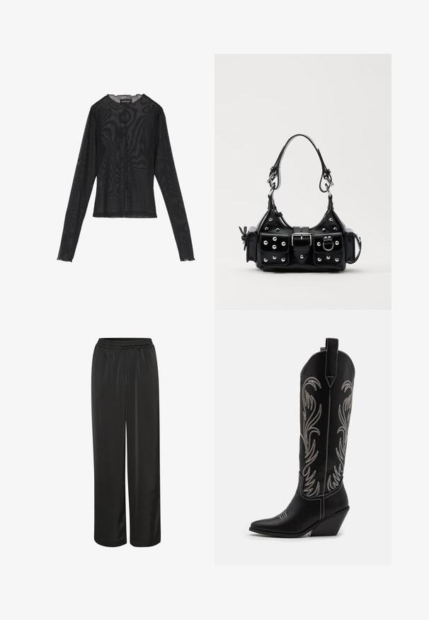 Black long-sleeve top made of sheer fabric, featuring a round neckline, front button closure, and scalloped edges at the cuffs.; Black satin pants with a wide-leg design, elastic waistband, and smooth texture. They are ankle-length with no additional embellishments.; Black leather cowboy boots with pointed toes, wedge heels, and silver embroidered floral patterns along the shaft. Contrast stitching throughout.; Black leather handbag with a curved design, featuring silver studs, a buckle, and two side pockets. Adjustable strap for carrying options.