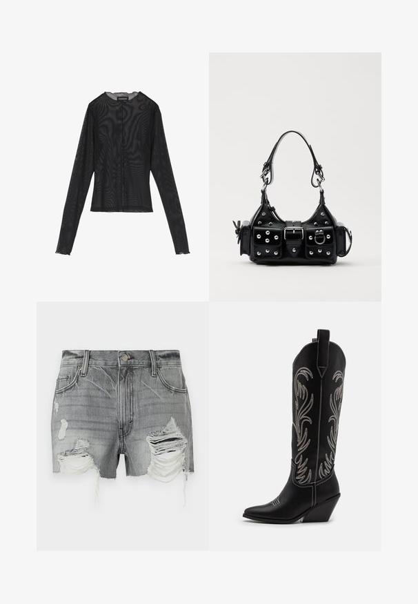Top noir à manches longues en tissu transparent, avec un col rond, une fermeture à boutons sur le devant et des bords festonnés aux poignets.; Shorts en denim gris avec des ourlets effilochés et plusieurs zones déchirées, fermeture à bouton et deux poches avant.; Bottes de cowboy noires en cuir avec des pointes effilées, des talons compensés et des motifs floraux brodés en argent le long du tige. Couture contrastante sur l'ensemble.; Sac à main en cuir noir au design courbé, avec des clous en argent, une boucle et deux poches latérales. Bandoulière réglable pour différentes options de transport.