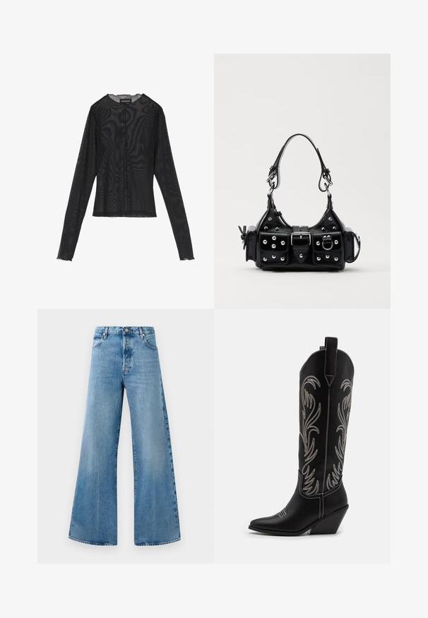 Czarna bluzka z długim rękawem, wykonana z przezroczystego materiału, z okrągłym dekoltem, zapięciem na guziki z przodu oraz falbAniastymi brzegami rękawów.; Jasnoniebieskie jeansy typu wide-leg z wysokim stanem, z przednimi kieszeniami, zapięciem na guzik oraz subtelnymi efektami przetarcia.; Czarne skórzane kowbojskie buty z wydłużonymi noskami, obcasem typu koturn oraz srebrnymi haftowanymi wzorami kwiatowymi wzdłuż cholewy. Kontrastowe szwy na całej długości.; Czarna skórzana torebka w zakrzywionym kształcie, z srebrnymi ćwiekami, klamrą i dwoma bocznymi kieszeniami. Regulowany pasek umożliwiający różne opcje noszenia.