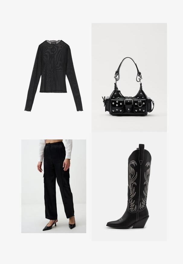 Top noir à manches longues en tissu transparent, avec un col rond, une fermeture à boutons sur le devant et des bords festonnés aux poignets.; Pantalons cargo noirs en satin avec une coupe ample, dotés de poches latérales et d'une texture lisse. Associés à des escarpins noirs à bout pointu avec une bride arrière.; Bottes de cowboy noires en cuir avec des pointes effilées, des talons compensés et des motifs floraux brodés en argent le long du tige. Couture contrastante sur l'ensemble.; Sac à main en cuir noir au design courbé, avec des clous en argent, une boucle et deux poches latérales. Bandoulière réglable pour différentes options de transport.