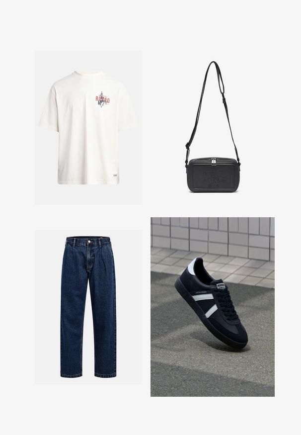 Cremfarbendes Baumwoll-T-Shirt mit kurzen Ärmeln und Rundhalsausschnitt. Verfügt über einen grafischen Druck in Blau und Rot mit Text und Motiv.; Dunkelblaue Denim-Jeans mit geradem Bein. Mit sichtbaren Nähten, einem Knopfverschluß und Frontfalten für zusätzliche Details.; Schwarze Leder-Sneaker mit weißen Streifen, strukturiertem Gummisohle und Schnürung. Verfügt über ein Markenetikett auf der Zunge.; Schwarze Leder-Crossbody-Tasche mit einem Reißverschluss, geprägtem Logo auf der Vorderseite und verstellbarem Riemen. Glatte Textur mit rechteckiger Form.