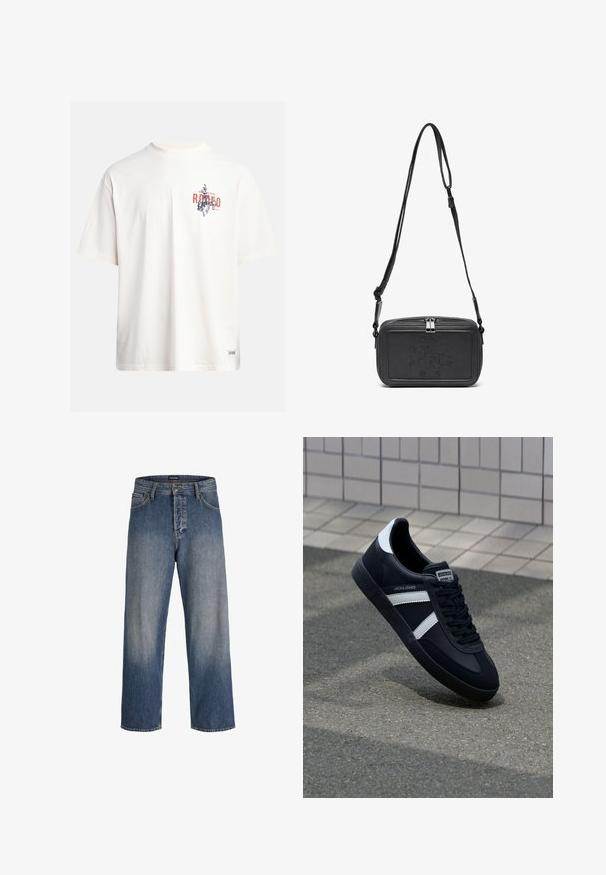 Cream cotton t-shirt with short sleeves and a crew neckline. Features a graphic print in blue and red with text and a motif.; Blue denim jeans with a loose fit, featuring a faded design, five pockets, belt loops, and a button and zipper closure.; Black leather sneaker with white stripes, textured rubber sole, and lace-up front. Features a branded label on the tongue.; Black leather crossbody bag with a zip closure, embossed logo on the front, and adjustable strap. Smooth texture with a rectangular shape.