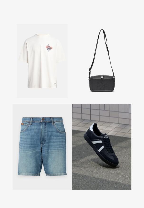 Cream cotton t-shirt with short sleeves and a crew neckline. Features a graphic print in blue and red with text and a motif.; Denim shorts in light blue wash, featuring a classic 5-pocket design, button closure, and subtle fading. Clean hemline and texture visible.; Black leather sneaker with white stripes, textured rubber sole, and lace-up front. Features a branded label on the tongue.; Black leather crossbody bag with a zip closure, embossed logo on the front, and adjustable strap. Smooth texture with a rectangular shape.