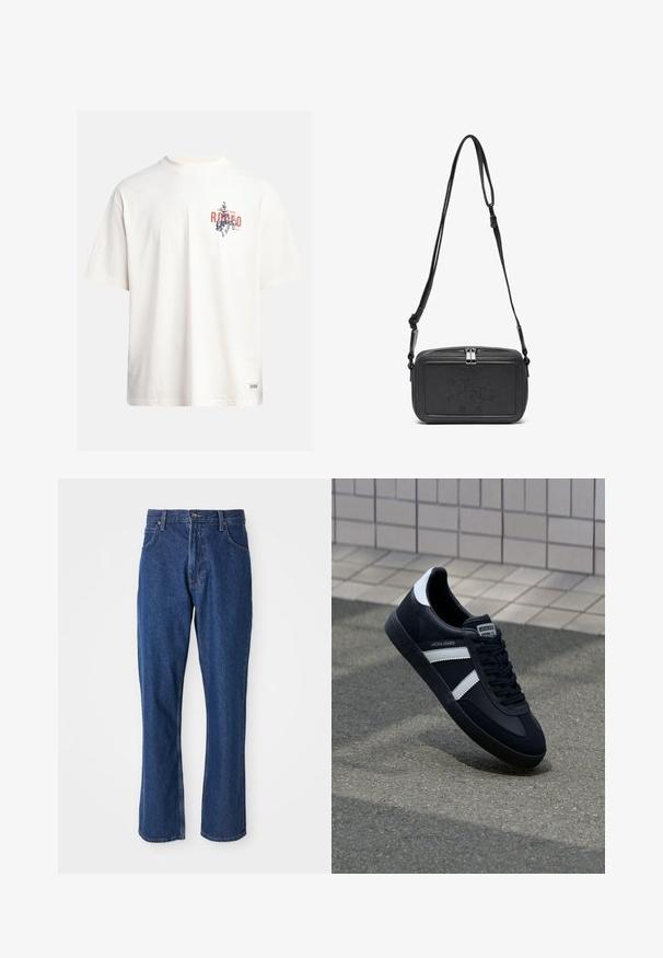 Kremasta pamukasta majica s kratkim rukavima i okruglim izrezom. Ima grafički ispis u plavoj i crvenoj boji s tekstom i motivom.; Plave traperice s ravnim nogavicama, pet džepova i čvrstim pojasom s metalnim kopčanjem.; Crne kožne tenisice s bijelim prugama, strukturirana gumena potplate i vezanjem sprijeda. Ima oznaku brenda na jeziku.; Crna kožna torbica preko tijela s patentnim zatvaračem, ugraviranim logotipom sprijeda i podesivim remenom. Glatka tekstura s pravokutnim oblikom.