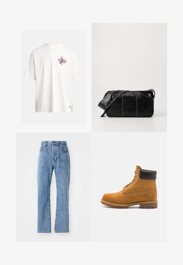 Tricou din bumbac crem, cu mâneci scurte și decolteu rotund. Prezintă un print grafic în nuanțe de albastru și roșu, cu text și un motiv.; Jeans din denim de culoare albastru deschis, cu talie înaltă, design cu picioare largi, stil clasic cu cinci buzunare și o ușoară decolorare pe material.; Cizmă de gleznă din întoarsă de culoare bej, cu guler negru căptușit, ochiuri din metal auriu, detalii de cusătură albă și talpă din cauciuc robustă, cu un model pronunțat.; Geantă de umăr din piele neagră cu închidere cu fermoar, având un corp texturat, cusături albe și o curea cu ochiuri argintii.