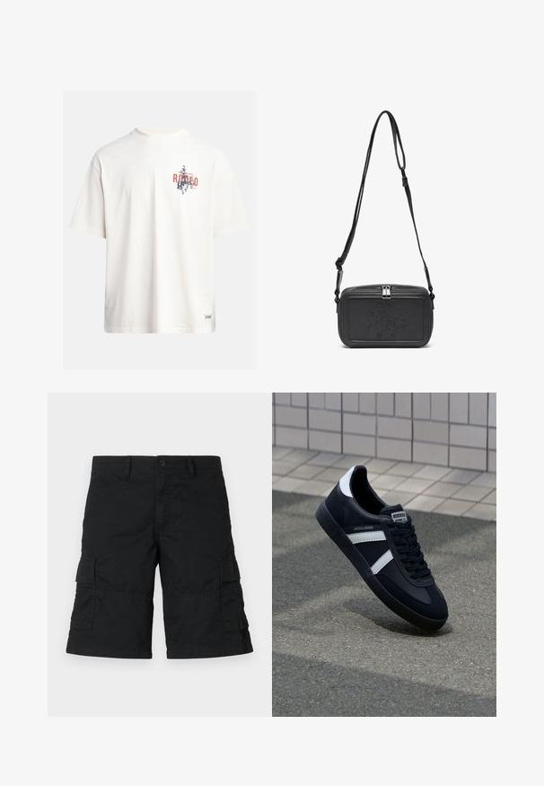 Cream cotton t-shirt with short sleeves and a crew neckline. Features a graphic print in blue and red with text and a motif.; Black cargo shorts made of lightweight fabric; features two side pockets and two flap pockets; straight-cut design with a loose fit.; Black leather sneaker with white stripes, textured rubber sole, and lace-up front. Features a branded label on the tongue.; Black leather crossbody bag with a zip closure, embossed logo on the front, and adjustable strap. Smooth texture with a rectangular shape.