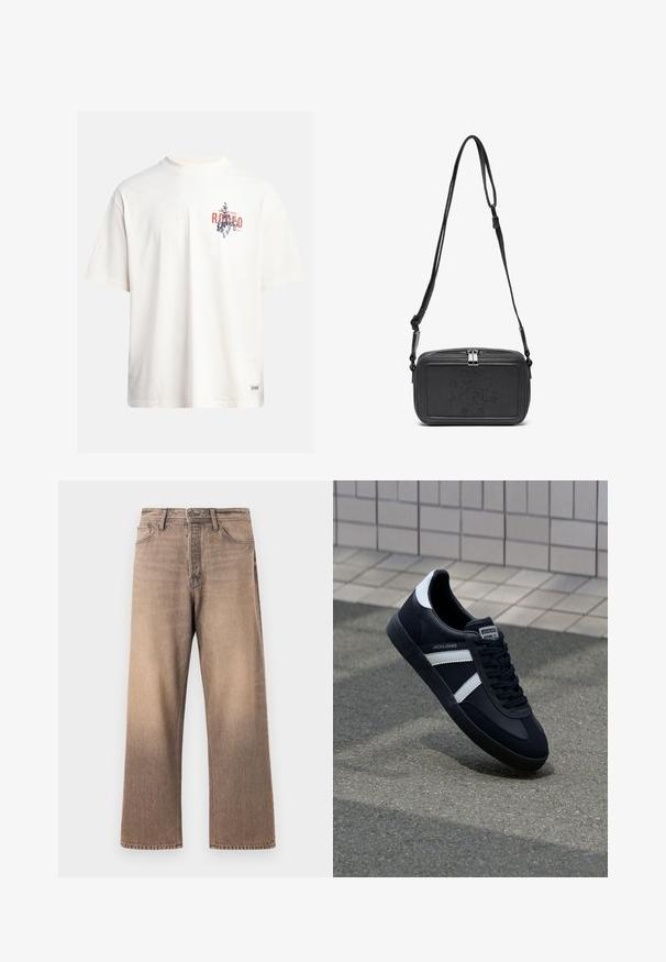 Kerman puuvillane T-särk lühikeste varrukatega ja ümmarguse kaelusega. Omab sinist ja punast graafilist trükist tekstiga ja motiiviga.; Vartalonlahkeiset farkut gradienttibrunttien pesuilla, joissa on klassinen viisi-taskumalli, vyölenkit ja kontrastiväriset tikkausnauhat sileässä farkkukankaassa.; Mustat nahkakengät valkoisilla raidoilla, teksturoitu kumipohja ja nauha edessä. Varustettu merkkitarralla kielen päällä.; Musta nahkainen olkalaukku vetoketjulla, etuosassa kohoamalla painettu logo ja säädettävä hihna. Sujuva pinta ja suorakulmainen muoto.