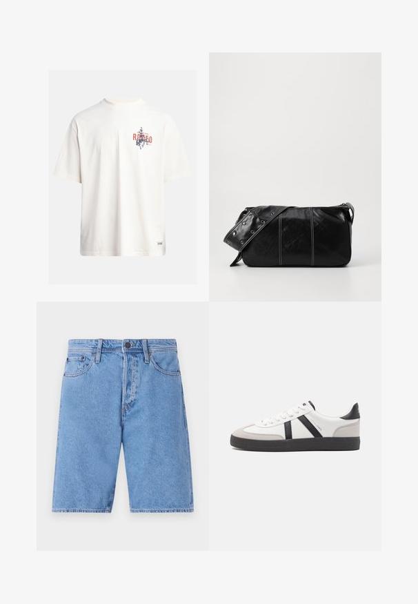 Krämfärgad bomullst-shirt med korta ärmar och rundad halsringning. Har ett grafiskt tryck i blått och rött med text och ett motiv.; Ljust blå denimshorts med klassisk femficksdesign, knappstängning och rak benstil, med en urtvättad textur och sömnadsdetaljer.; Vit sneaker med svarta och grå accenter, med en strukturerad grå tådel, svart gummisul, och platta vita skosnören. Ren design, minimalistisk stil.; Svart läder axelväska med dragkedjestängning, som har en texturerad yta, vit sömnad och ett bälte med silveröglor.