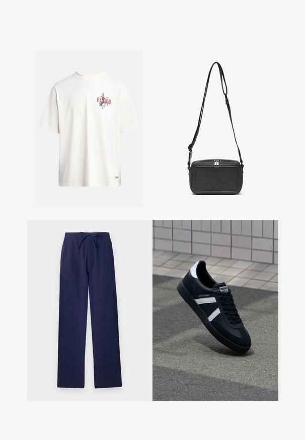 Cream cotton t-shirt with short sleeves and a crew neckline. Features a graphic print in blue and red with text and a motif.; Navy blue, wide-leg pants made from lightweight fabric. Features an elastic waistband with drawstring and side pockets. Smooth texture.; Black leather sneaker with white stripes, textured rubber sole, and lace-up front. Features a branded label on the tongue.; Black leather crossbody bag with a zip closure, embossed logo on the front, and adjustable strap. Smooth texture with a rectangular shape.