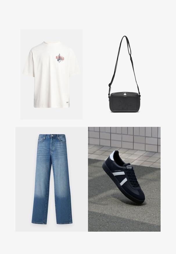 Cremfarbendes Baumwoll-T-Shirt mit kurzen Ärmeln und Rundhalsausschnitt. Verfügt über einen grafischen Druck in Blau und Rot mit Text und Motiv.; Blaue hochgeschnittene Straight-Leg-Jeans mit Ausbleichungen an den Oberschenkeln und dunklerem Schatten nahe den Säumen, sichtbare vordere Knöpfe und Taschen.; Schwarze Leder-Sneaker mit weißen Streifen, strukturiertem Gummisohle und Schnürung. Verfügt über ein Markenetikett auf der Zunge.; Schwarze Leder-Crossbody-Tasche mit einem Reißverschluss, geprägtem Logo auf der Vorderseite und verstellbarem Riemen. Glatte Textur mit rechteckiger Form.