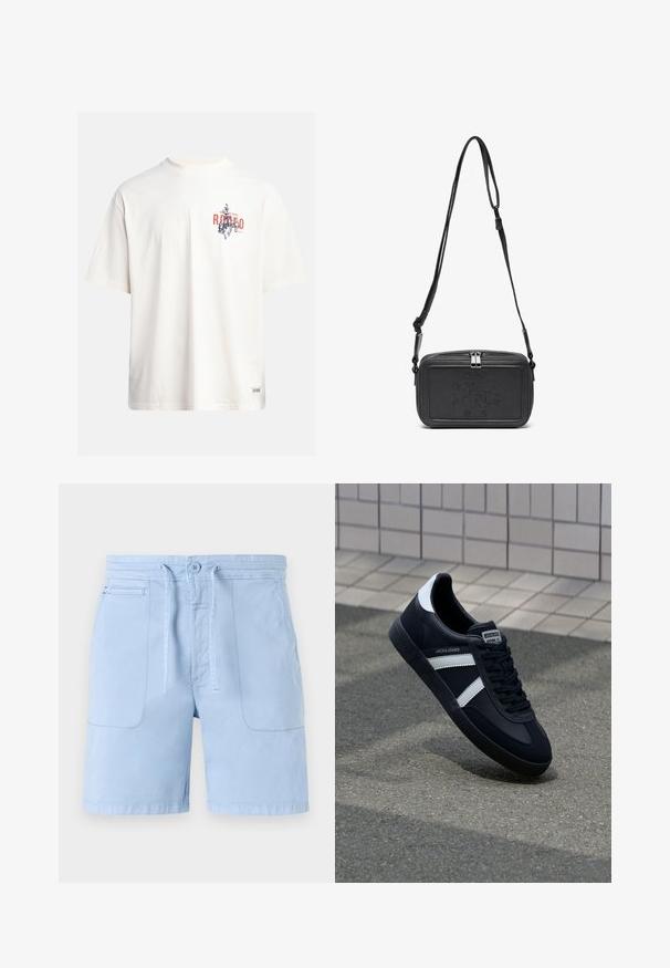 Crème katoenen t-shirt met korte mouwen en een ronde hals. Kenmerkt een grafische print in blauw en rood met tekst en een motief.; Lichtblauwe shorts van katoen, met een trekkoord in de taille, twee voorzakken en een gladde textuur. Eenvoudig ontwerp met minimale accenten.; Zwarte leren sneaker met witte strepen, een gestructureerde rubberen zool en vetersluiting aan de voorkant. Voorzien van een merklabel op de tong.; Zwarte leren schoudertas met een ritssluiting, reliëflogo aan de voorkant en een verstelbare schouderriem. Gladde textuur met een rechthoekige vorm.