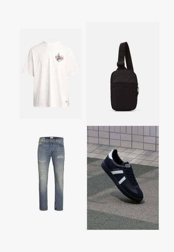 Kremfarget bomulls T-skjorte med korte ermer og rund hals. Har et grafisk trykk i blått og rødt med tekst og et motiv.; Lyseblå denimjeans med rett ben-design, slitte detaljer foran, og en klassisk fem-lommer-stil med glidelås.; Sorte lærersneaker med hvite striper, teksturert gummihæl og snøring foran. Har et merketikett på tungen.; Svart skulderveske laget av slitesterkt stoff, med en justerbar stropp, en glidelåslukking på hovedrommet og en frontlomme.