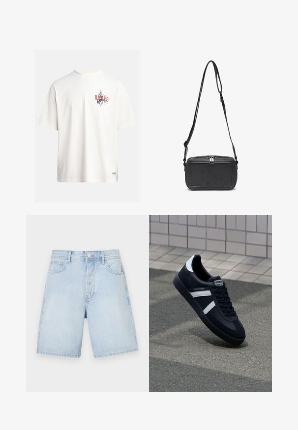 Cremfarbendes Baumwoll-T-Shirt mit kurzen Ärmeln und Rundhalsausschnitt. Verfügt über einen grafischen Druck in Blau und Rot mit Text und Motiv.; Hellblaue Denim-Shorts mit geradem Schnitt, ausgestattet mit Fronttaschen, einem Knopfverschluss und lässigen Nähten. Glatte Textur ohne Muster.; Schwarze Leder-Sneaker mit weißen Streifen, strukturiertem Gummisohle und Schnürung. Verfügt über ein Markenetikett auf der Zunge.; Schwarze Leder-Crossbody-Tasche mit einem Reißverschluss, geprägtem Logo auf der Vorderseite und verstellbarem Riemen. Glatte Textur mit rechteckiger Form.