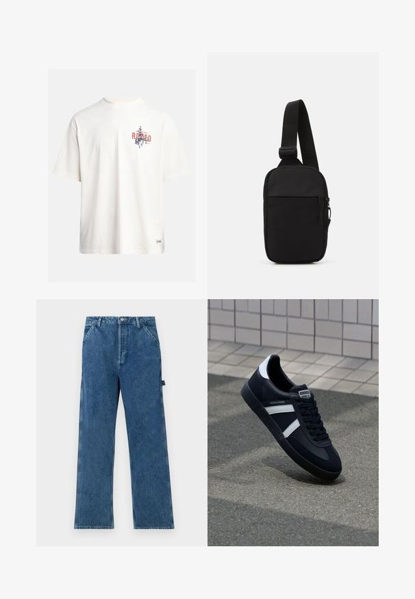 T-shirt en coton crème à manches courtes et col rond. Présente un imprimé graphique en bleu et rouge avec du texte et un motif.; Jeans en denim bleu avec une coupe droite, présentant une taille haute, un design à cinq poches et un léger délavage du tissu.; Sneaker en cuir noir avec des rayures blanches, semelle en caoutchouc texturée et devant à lacets. Présente une étiquette de marque sur la languette.; Sac bandoulière noir en tissu durable, avec une seule sangle ajustable, un compartiment principal zippé et une poche avant.