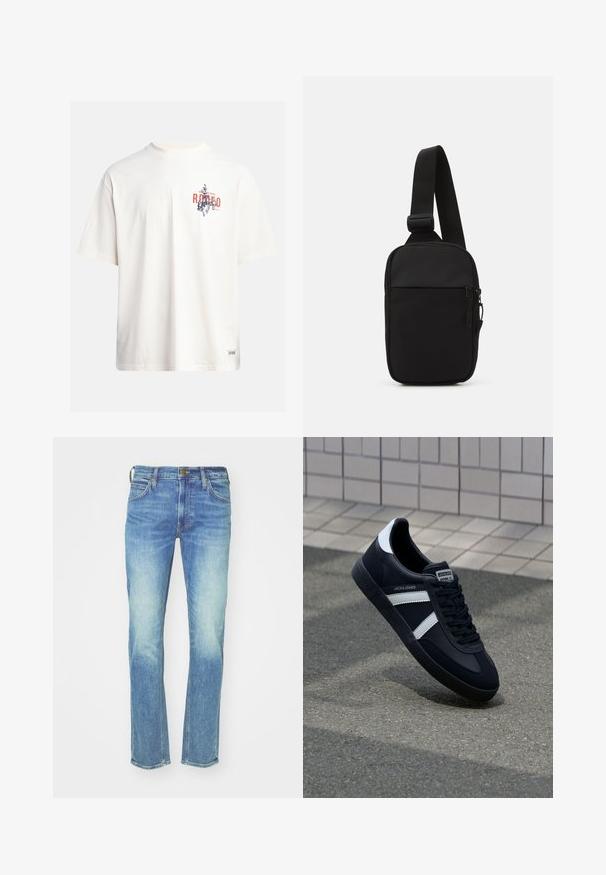 Kremna bombažna majica s kratkimi rokavi in okroglim izrezom. Ima grafični tisk v modri in rdeči barvi z besedilom in motivom.; Svetlo modri jeans z ravno nogavico, zbledelim videzom, petimi žepi, mesinganim okovjem in detajli šivanja ob šivih.; Črne usnjene superge z belimi črtami, teksturiran gumijast podplat in zavezovanje spredaj. Imajo označeno oznako na ježku.; Črna torba za čez ramo, izdelana iz trpežnega materiala, z enim nastavljivim trakom, z glavnim predalom na zadrgo in sprednjim žepom.