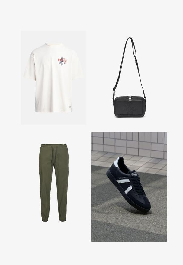 T-shirt en coton crème à manches courtes et col rond. Présente un imprimé graphique en bleu et rouge avec du texte et un motif.; Pantalons de jogging vert olive avec une taille élastique, fermeture à cordon de serrage et poignets fuselés. Fabriqués en tissu en coton texturé et doux.; Sneaker en cuir noir avec des rayures blanches, semelle en caoutchouc texturée et devant à lacets. Présente une étiquette de marque sur la languette.; Sac bandoulière en cuir noir avec une fermeture éclair, logo embossé à l'avant et une sangle réglable. Texture lisse avec une forme rectangulaire.