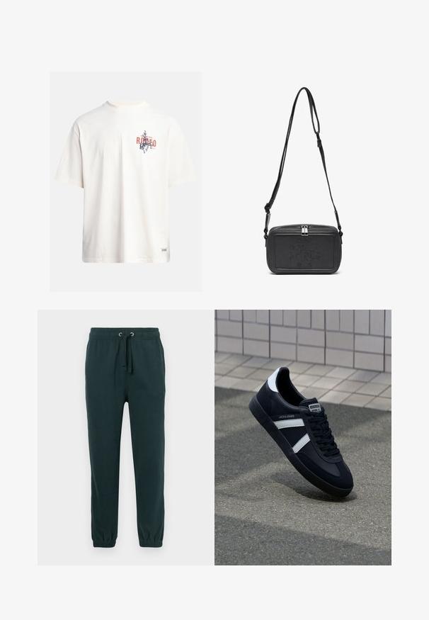 Kremowa bawełniana koszulka z krótkim rękawem i okrągłym dekoltem. Posiada graficzny nadruk w niebieskim i czerwonym kolorze z tekstem oraz motywem.; Ciemnozielone dresy z elastycznym paskiem w talii, sznurkiem do regulacji oraz ściągaczami na nogawkach; posiadają subtelnie wytłoczone logo z przodu.; Czarne skórzane sneakersy z białymi paskami, teksturowana gumowa podeszwa i sznurowane z przodu. Posiadają metkę marki na języku.; Czarna skórzana torba na ramię z zamkiem błyskawicznym, wytłoczone logo na przodzie i regulowanym paskiem. Gładka tekstura w prostokątnym kształcie.