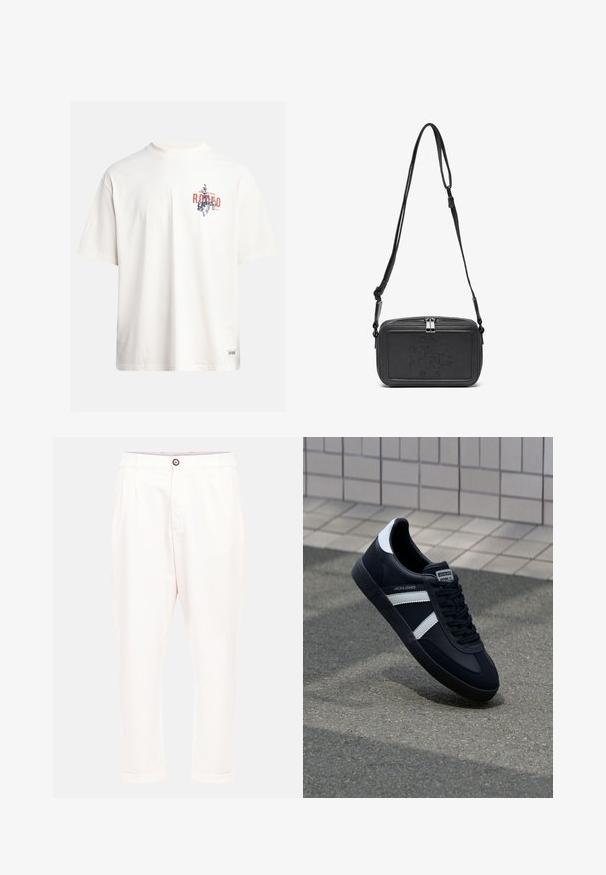 Cream cotton t-shirt with short sleeves and a crew neckline. Features a graphic print in blue and red with text and a motif.; Light beige trousers with a relaxed fit, featuring two front pleats, a button closure, and rolled cuffs at the ankles. Smooth fabric texture.; Black leather sneaker with white stripes, textured rubber sole, and lace-up front. Features a branded label on the tongue.; Black leather crossbody bag with a zip closure, embossed logo on the front, and adjustable strap. Smooth texture with a rectangular shape.