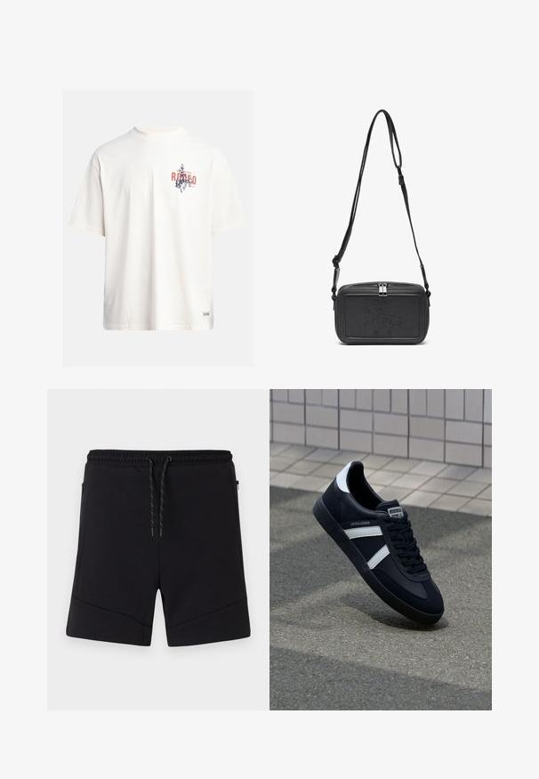 Tricou din bumbac crem, cu mâneci scurte și decolteu rotund. Prezintă un print grafic în nuanțe de albastru și roșu, cu text și un motiv.; Pantaloni scurți sport negri, confecționați dintr-un material moale, având un elastic la talie, șnur de ajustare și buzunare laterale cu fermoar, dotate cu cusături întărite.; Sneaker din piele neagră cu dungi albe, talpă din cauciuc texturat și șireturi. Prezintă un eticheta de marcă pe limbă.; Geantă din piele neagră, tip crossbody, cu închidere cu fermoar, logo embosat pe față și curea ajustabilă. Textură netedă și formă rectangulară.