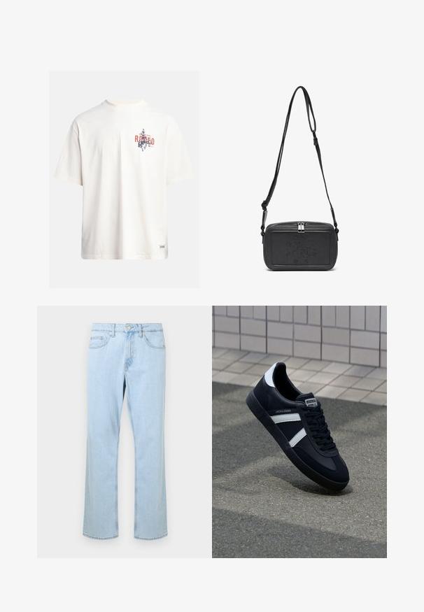 T-shirt in cotone crema con maniche corte e scollatura a girocollo. Presenta una stampa grafica in blu e rosso con testo e un motivo.; Jeans in denim azzurro chiaro con taglio dritto, dotati di tasche frontali, un singolo bottone argentato e dettagli di cucitura lungo le cuciture.; Sneaker neri in pelle con strisce bianche, suola in gomma texturizzata e allacciatura frontale. Presenta un'etichetta con il marchio sulla linguetta.; Borsa a tracolla nera in pelle con chiusura zip, logo impresso sul davanti e tracolla regolabile. Texture liscia con forma rettangolare.