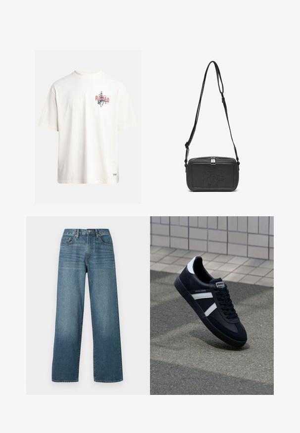 Camiseta de algodón crema con mangas cortas y cuello redondo. Presenta un estampado gráfico en azul y rojo con texto y un motivo.; Pantalones vaqueros de mezclilla oscuros de pierna ancha con cierre de botón, trabillas para cinturón y una textura desgastada. Cuenta con cinco bolsillos y costuras en contraste.; Zapatilla de cuero negra con rayas blancas, suela de goma texturizada y parte frontal con cordones. Cuenta con una etiqueta de marca en la lengüeta.; Bolso cruzado de piel negra con cierre de cremallera, logotipo embossing en el frente y correa ajustable. Textura suave con forma rectangular.