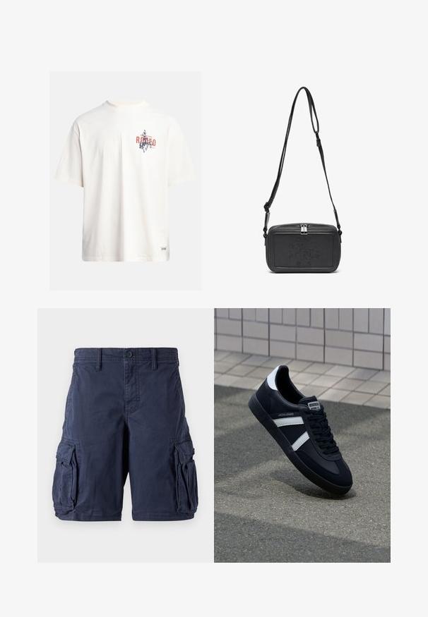 Kremowa bawełniana koszulka z krótkim rękawem i okrągłym dekoltem. Posiada graficzny nadruk w niebieskim i czerwonym kolorze z tekstem oraz motywem.; Niebieskie szorty cargo wykonane z bawełny. Posiadają wiele bocznych kieszeni, zapięcie na guzik oraz luźny krój. Gładka tekstura i trwały design.; Czarne skórzane sneakersy z białymi paskami, teksturowana gumowa podeszwa i sznurowane z przodu. Posiadają metkę marki na języku.; Czarna skórzana torba na ramię z zamkiem błyskawicznym, wytłoczone logo na przodzie i regulowanym paskiem. Gładka tekstura w prostokątnym kształcie.