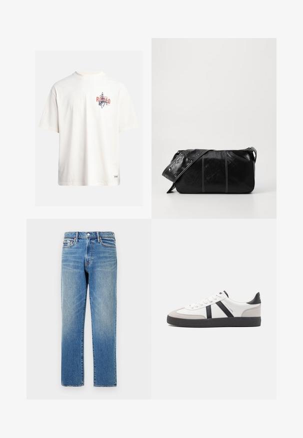 Krém színű, pamut póló rövid ujjakkal és kerek nyakú kivágással. Kék és piros grafikával, szöveggel és motívummal díszített.; Világoskék farmernadrág egyenes szabással, magas derékkal, finom kopásokkal és varrás részletekkel a zsebeknél és a deréknál.; Fehér sneaker fekete és szürke részletekkel, textúrált szürke orr résszel, fekete gumitalppal és lapos fehér fűzőkkel. Tiszta dizájn, minimalista stílus.; Fekete bőr válltáska, cipzárral zárva, texturált felülettel, fehér varrással és ezüst fémgyűrűs pánttal.