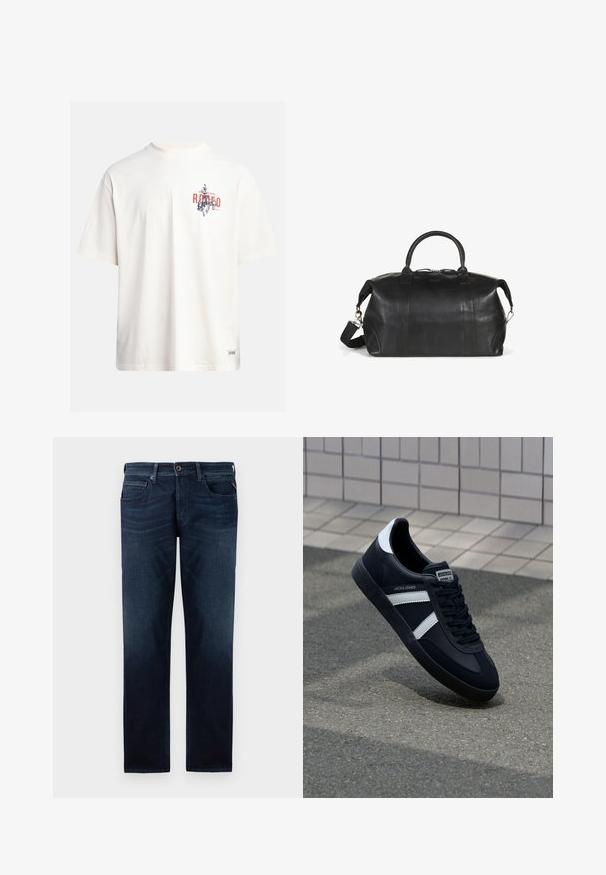 Krémové bavlněné tričko s krátkými rukávy a kulatým výstřihem. Obsahuje grafický potisk v modré a červené barvě s textem a motivem.; Tmavě modré džíny z denimu se střihy rovnými nohavicemi, pět kapsami a viditelným zapínáním na knoflík v pase. Hladká textura.; Černé kožené tenisky s bílými pruhy, texturovanou gumovou podrážkou a šněrováním vpředu. Obsahují značenou etiketu na jazyku.; Černá kožená cestovní taška s kulatými rukojeťmi, odnímatelným ramenním popruhem a subtilními švy. Hladký povrch a praktický design.
