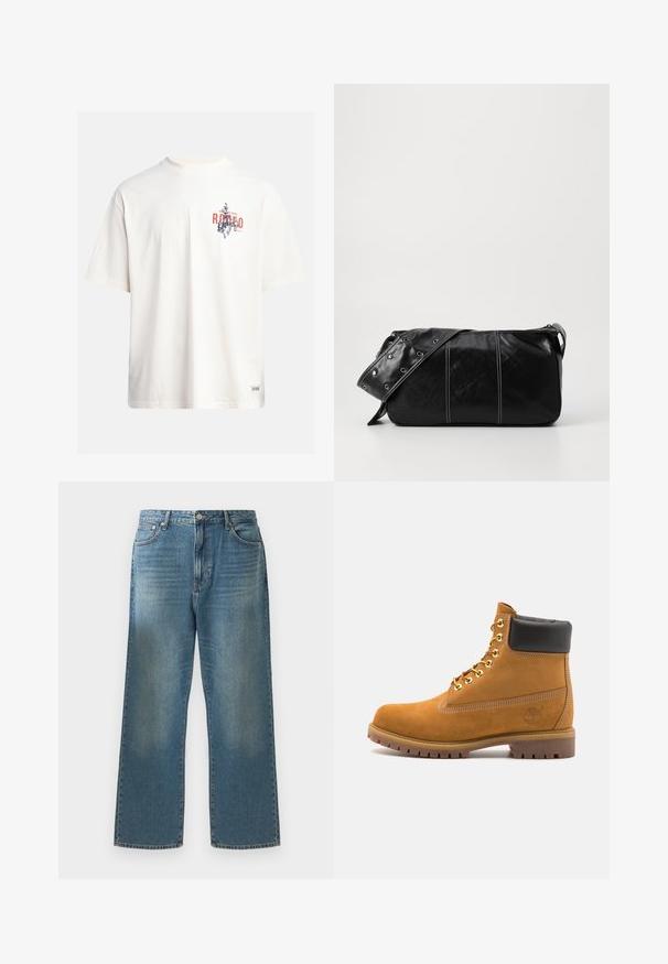 T-shirt in cotone crema con maniche corte e scollatura a girocollo. Presenta una stampa grafica in blu e rosso con testo e un motivo.; Jeans in denim blu con una vestibilità a gamba larga, caratterizzati da un lavaggio sbiadito, design classico a cinque tasche e chiusura con bottone in metallo in vita.; Stivale alla caviglia in suede tan con collare imbottito nero, occhielli in metallo dorato, dettagli in cucitura bianca e suola in gomma robusta con battistrada pronunciato.; Borsa a spalla in pelle nera con chiusura a zip, caratterizzata da un corpo testurizzato, cuciture bianche e una tracolla con occhielli in argento.