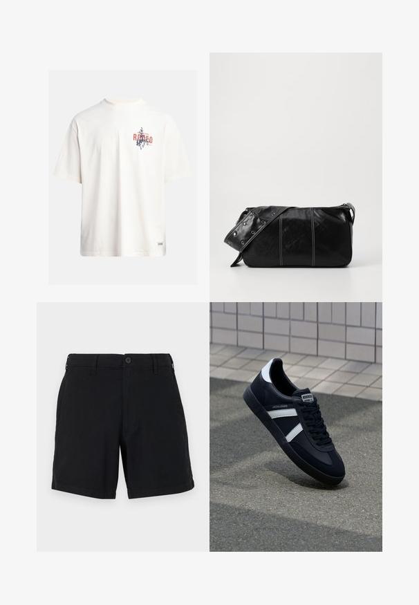 Cream cotton t-shirt with short sleeves and a crew neckline. Features a graphic print in blue and red with text and a motif.; Black cotton shorts with a button closure, side pockets, and a straight leg design. The fabric has a smooth texture and a simple finish.; Black leather sneaker with white stripes, textured rubber sole, and lace-up front. Features a branded label on the tongue.; Black leather shoulder bag with a zip closure, featuring a textured body, white stitching, and a strap with silver grommets.