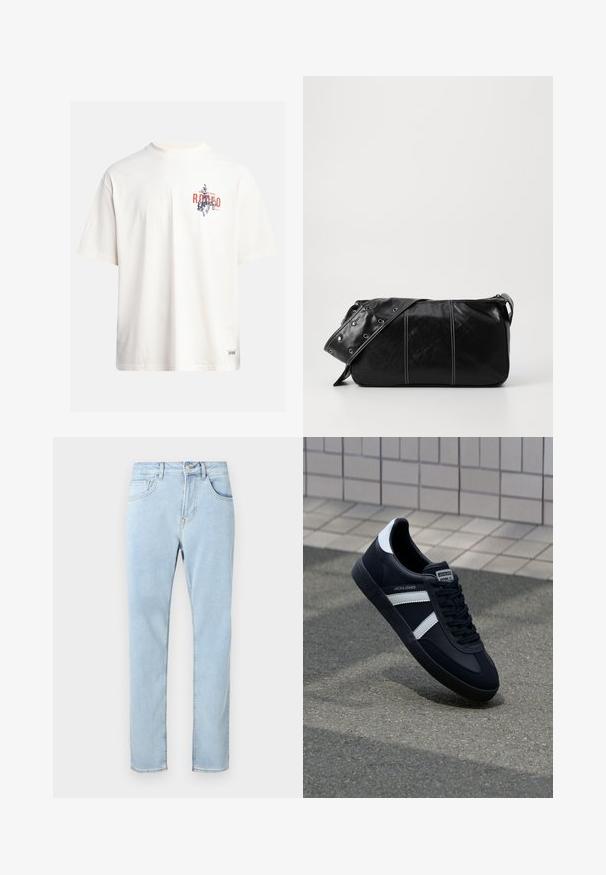 Krémové bavlnené tričko s krátkymi rukávmi a okrúhlym výstrihom. Obsahuje grafický potlač v modrej a červenej farbe s textom a motívom.; Svetlomodré úzke rifle z denimu s prednými vreckami, pútkami na opasok, zapínaním na gombík a jemnými švami.; Čierne kožené tenisky s bielymi pruhmi, textúrovanou gumovou podrážkou a šnurovaním vpredu. Obsahujú označenie značky na jazyku.; Čierna kožená kabelka cez plece so zipsovým uzáverom, so štruktúrovaným telom, bielym prešívaním a popruhom so striebornými očkami.