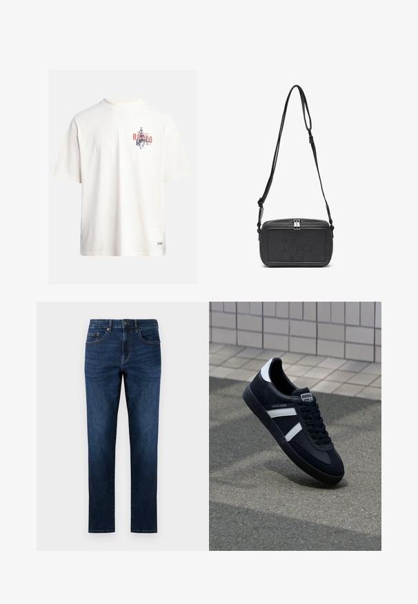 Kremna bombažna majica s kratkimi rokavi in okroglim izrezom. Ima grafični tisk v modri in rdeči barvi z besedilom in motivom.; Temno modri traper hlače s ravnim krojem, ki imajo pet žepov, šivane detajle in klasično zapiranje na gumb.; Črne usnjene superge z belimi črtami, teksturiran gumijast podplat in zavezovanje spredaj. Imajo označeno oznako na ježku.; Črna usnjena torbica čez ramo z zadrgo, embosirano logotipom spredaj in nastavljivim pasom. Gladka površina z pravokotno obliko.