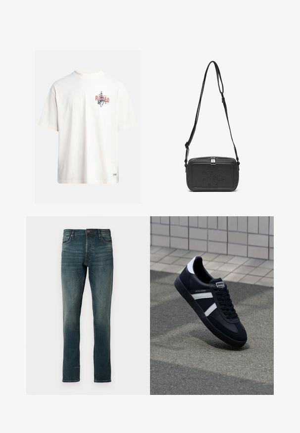 Kerman puuvillane T-särk lühikeste varrukatega ja ümmarguse kaelusega. Omab sinist ja punast graafilist trükist tekstiga ja motiiviga.; Slim-fit tummansiniset farkut, joissa on klassinen viisi taskua -muotoilu. Niissä on nappi- ja vetoketjusuljenta, hienovarainen kulutus ja suora lahje.; Mustat nahkakengät valkoisilla raidoilla, teksturoitu kumipohja ja nauha edessä. Varustettu merkkitarralla kielen päällä.; Musta nahkainen olkalaukku vetoketjulla, etuosassa kohoamalla painettu logo ja säädettävä hihna. Sujuva pinta ja suorakulmainen muoto.