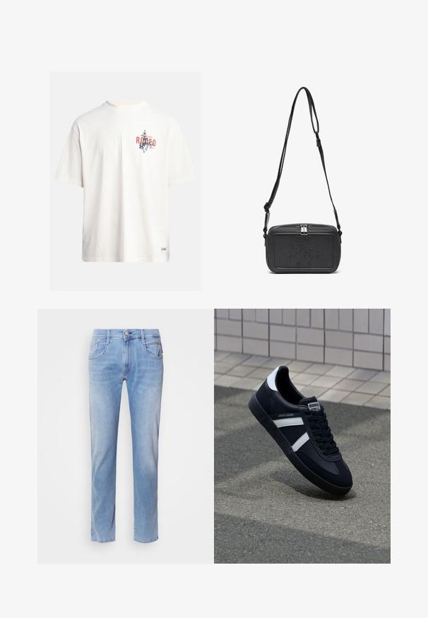 Krém színű, pamut póló rövid ujjakkal és kerek nyakú kivágással. Kék és piros grafikával, szöveggel és motívummal díszített.; Világoskék farmernadrág, egyenes szabású, öt zsebes kialakítással és elől gombos záródással. Kopottas textúrával és finom elhalványulással.; Fekete bőr sportcipő fehér csíkokkal, textúrált gumitalppal és fűzős elejével. A nyelvén márkás címke található.; Fekete bőrből készült keresztbe hordható táska cipzáras záródással, dombornyomott logóval az elején és állítható pánttal. Simább textúrájú, téglalap alakú.