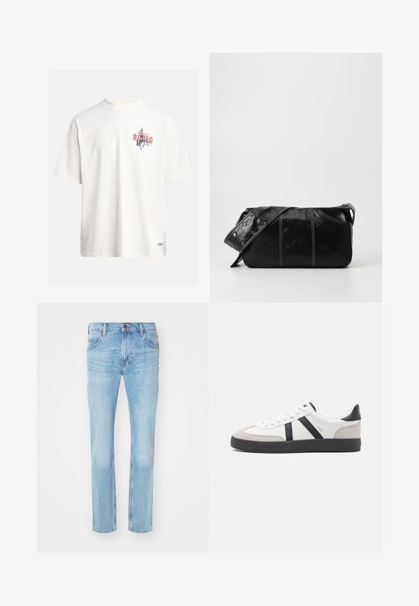 Kreminės spalvos medvilninė marškinė su trumptomis Rankovėmis ir apvaliu iškirpimu. Su grafiniu spausdinimu mėlynos ir raudonos spalvos su tekstu ir motyvu.; Šviesiai mėlyni džinsai su tiesiomis kojomis, penkių kišenių dizainu ir viršutiniu mygtuku. Audinys turi šiek tiek išblukusį apdailą.; Balti sportbačiai su juodais ir pilkais akcentais, pasižymintys tekstūruotu pilku pirštų dangteliu, juoda gumine padais ir plokščiomis baltomis raišteliais. Švarus dizainas, minimalistinis stilius.; Juodas odinis pečių krepšys su užtrauktuku, turintis tekstūruotą paviršių, baltą siuvinėjimą ir dirželį su sidabinėmis metalinėmis detalėmis.