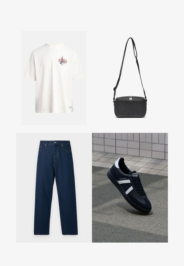 Cremfarbendes Baumwoll-T-Shirt mit kurzen Ärmeln und Rundhalsausschnitt. Verfügt über einen grafischen Druck in Blau und Rot mit Text und Motiv.; Dunkelblaue Jeans aus Denim mit geradem Schnitt, fünf Taschen und einem Knopfverschluss. Sie verfügen über kontrastierende Nähte und einen klassischen Bund.; Schwarze Leder-Sneaker mit weißen Streifen, strukturiertem Gummisohle und Schnürung. Verfügt über ein Markenetikett auf der Zunge.; Schwarze Leder-Crossbody-Tasche mit einem Reißverschluss, geprägtem Logo auf der Vorderseite und verstellbarem Riemen. Glatte Textur mit rechteckiger Form.