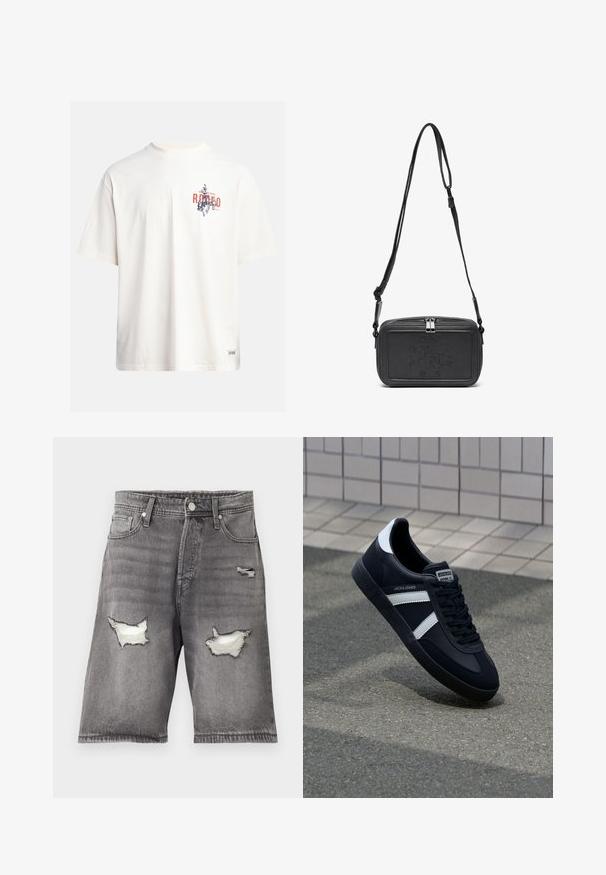 Krämfärgad bomullst-shirt med korta ärmar och rundad halsringning. Har ett grafiskt tryck i blått och rött med text och ett motiv.; Grå denimshorts med en blekt finish, som har två slitna lappar och en femficksdesign. Metallknapp och dragkedjestängning.; Svart lädersneaker med vita ränder, texturerad gummisul, och snörning fram. Har en märkesskylt på tungan.; Svart läder crossbody-väska med dragkedjestängning, präglad logga på framsidan och justerbar rem. Slät textur med rektangulär form.