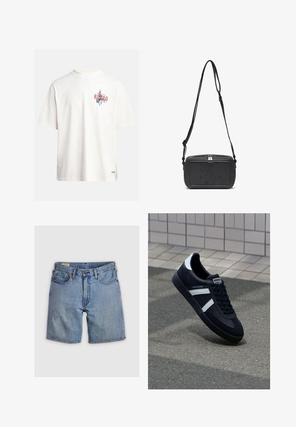 Kreemikollane puuvillane T-särk lühikeste varrukatega ja ümara kaelusega. Omab sinist ja punast graafilist trükist, millel on tekst ja motiiv.; Heledad teksad heled sinises pesus, millel on kõrge talje, viis taskut ja tõmbluku sulgemine, millel on nööbikinne. Õmblused on oranžid kontrastselt.; Must have musta sneaker musta valgete triipudega, tekstuurne kummitald ja nööridega esiosa. Omab bränditud märki keele peal.; Musternast mustriga nahast ristiõlgadega kott, millel on tõmbluku sulgemine, esiküljel on sissepressitud logo ja reguleeritav rihm. Sile tekstuur ja ristkülikukujuline kuju.