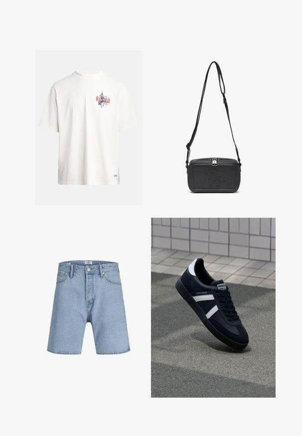 Kerman puuvillane T-särk lühikeste varrukatega ja ümmarguse kaelusega. Omab sinist ja punast graafilist trükist tekstiga ja motiiviga.; Jack & Jones ITONY ORIGINAL - Farkkushortsit - blue denim; Mustat nahkakengät valkoisilla raidoilla, teksturoitu kumipohja ja nauha edessä. Varustettu merkkitarralla kielen päällä.; Musta nahkainen olkalaukku vetoketjulla, etuosassa kohoamalla painettu logo ja säädettävä hihna. Sujuva pinta ja suorakulmainen muoto.