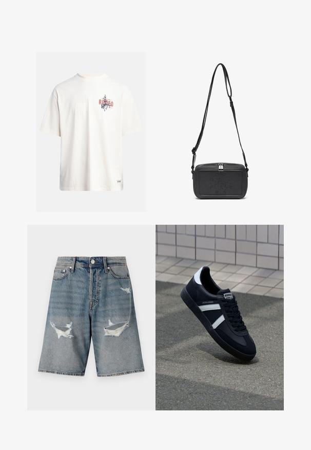 Crème katoenen t-shirt met korte mouwen en een ronde hals. Kenmerkt een grafische print in blauw en rood met tekst en een motief.; Lichtblauwe denim shorts met versleten plekken en rafelige randen. Voorzien van standaardzakken en een knoopsluiting bij de taille.; Zwarte leren sneaker met witte strepen, een gestructureerde rubberen zool en vetersluiting aan de voorkant. Voorzien van een merklabel op de tong.; Zwarte leren schoudertas met een ritssluiting, reliëflogo aan de voorkant en een verstelbare schouderriem. Gladde textuur met een rechthoekige vorm.