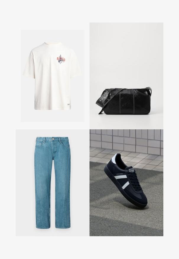 Kreminės spalvos medvilninė marškinė su trumptomis Rankovėmis ir apvaliu iškirpimu. Su grafiniu spausdinimu mėlynos ir raudonos spalvos su tekstu ir motyvu.; Šviesiai mėlynos džinsinės kelnių su tiesiais kojomis dizainas, turintis penkis kišenių, diržo kilpas ir sagos užsegimą. Lygi tekstūra su subtilesniu blukimu.; Juodas odinis sportinis batelis su baltais dryžiais, tekstūruota gumine padais ir raišteliais priekyje. Yra prekės ženklą žymintis etiketė ant liežuvio.; Juodas odinis pečių krepšys su užtrauktuku, turintis tekstūruotą paviršių, baltą siuvinėjimą ir dirželį su sidabinėmis metalinėmis detalėmis.