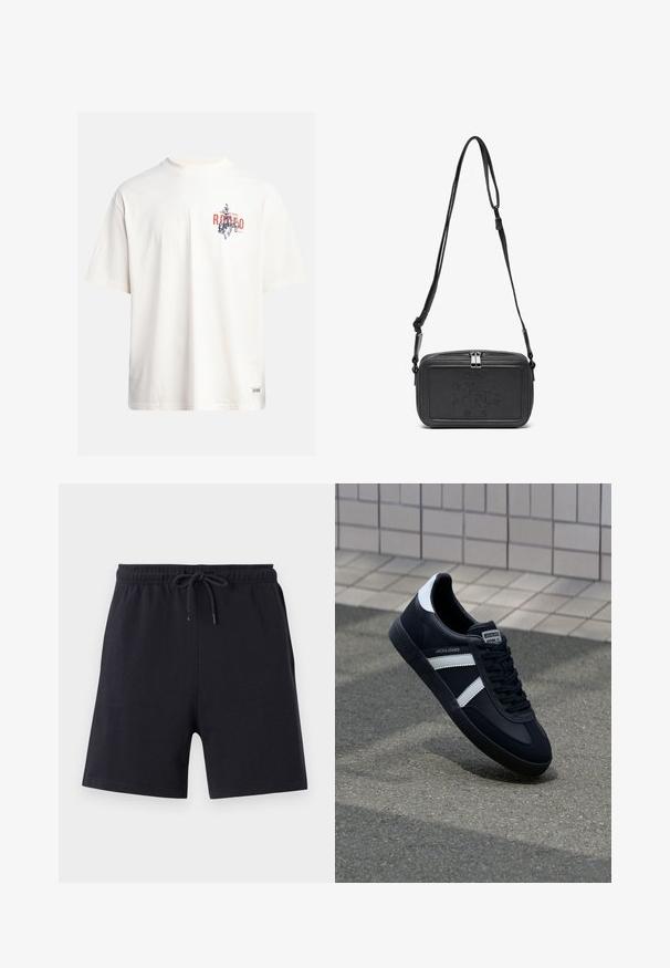 Cream cotton t-shirt with short sleeves and a crew neckline. Features a graphic print in blue and red with text and a motif.; Black cotton shorts with an elastic waistband and drawstring, featuring a simple design and smooth texture.; Black leather sneaker with white stripes, textured rubber sole, and lace-up front. Features a branded label on the tongue.; Black leather crossbody bag with a zip closure, embossed logo on the front, and adjustable strap. Smooth texture with a rectangular shape.