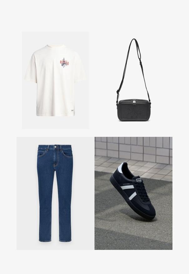 Cream cotton t-shirt with short sleeves and a crew neckline. Features a graphic print in blue and red with text and a motif.; Blue denim jeans with a button and zipper closure, front and back pockets, and straight-leg cut on a plain white background.; Black leather sneaker with white stripes, textured rubber sole, and lace-up front. Features a branded label on the tongue.; Black leather crossbody bag with a zip closure, embossed logo on the front, and adjustable strap. Smooth texture with a rectangular shape.