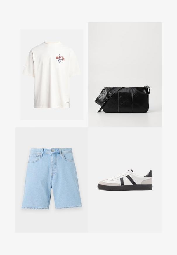 Krémové bavlnené tričko s krátkymi rukávmi a okrúhlym výstrihom. Obsahuje grafický potlač v modrej a červenej farbe s textom a motívom.; Svetlomodré džínsy s klasickým strihom, piatimi vreckami, zapínaním na gombík a prešitým okrajom. Odolná tkanina s hladkou textúrou.; Biele tenisky s čiernymi a šedými akcentmi, s textúrovanou šedou špičkou, čiernou gumovou podrážkou a plochými bielymi šnúrkami. Čistý dizajn, minimalistický štýl.; Čierna kožená kabelka cez plece so zipsovým uzáverom, so štruktúrovaným telom, bielym prešívaním a popruhom so striebornými očkami.