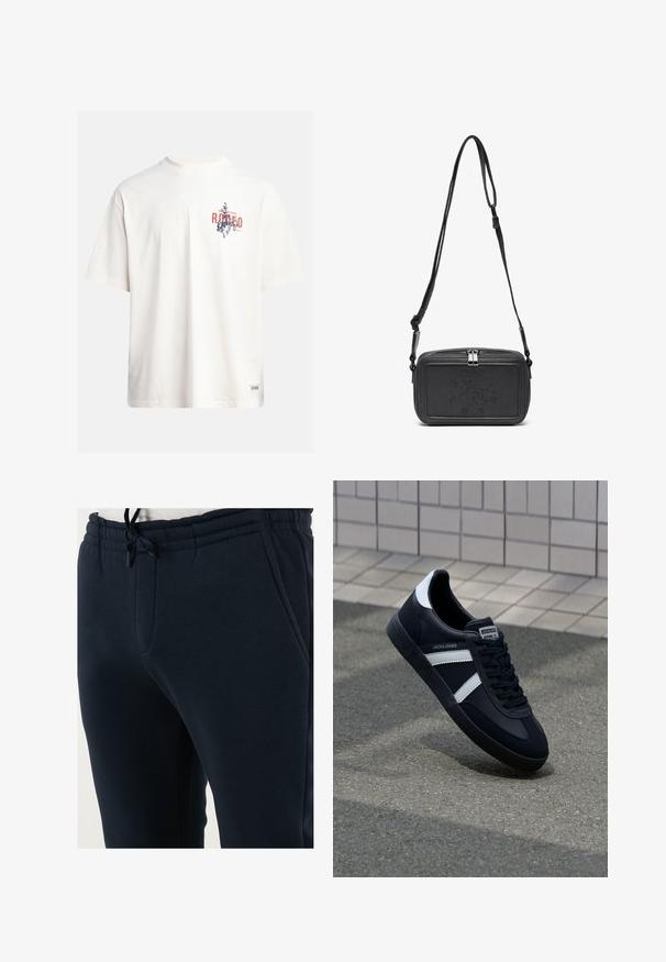 Kremowa bawełniana koszulka z krótkim rękawem i okrągłym dekoltem. Posiada graficzny nadruk w niebieskim i czerwonym kolorze z tekstem oraz motywem.; Granatowe dresy wykonane z miękkiego materiału, z elastycznym pasem w talii z sznurkiem, bocznymi kieszeniami oraz zwężającym się krojem nogawki.; Czarne skórzane sneakersy z białymi paskami, teksturowana gumowa podeszwa i sznurowane z przodu. Posiadają metkę marki na języku.; Czarna skórzana torba na ramię z zamkiem błyskawicznym, wytłoczone logo na przodzie i regulowanym paskiem. Gładka tekstura w prostokątnym kształcie.