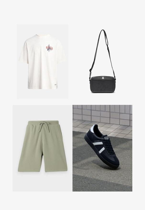 Krémové bavlněné tričko s krátkými rukávy a kulatým výstřihem. Obsahuje grafický potisk v modré a červené barvě s textem a motivem.; Světlé zelené šortky vyrobené z texturované látky s elastickým pasem a šňůrkou. Rovný střih a délka po kolena.; Černé kožené tenisky s bílými pruhy, texturovanou gumovou podrážkou a šněrováním vpředu. Obsahují značenou etiketu na jazyku.; Černá kožená taška přes rameno s uzávěrem na zip, vyraženým logem na přední straně a nastavitelným popruhem. Hladký povrch s obdélníkovým tvarem.